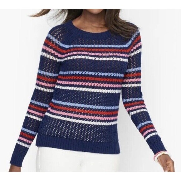 TALBOTS OPEN STITCH SWEATER - HAPPY STRIPE COTTON CREW NECK SIZE XL (16/18) NWT - Picture 2 of 14